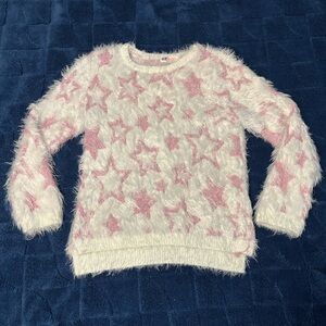 H&M Girls White Pink Star Fuzzy Crewneck Sweater